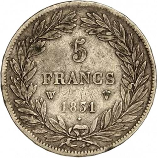 5 Francs Reverse Image minted in FRANCE in 1831W (1830-1848 - Louis Philippe I)  - The Coin Database