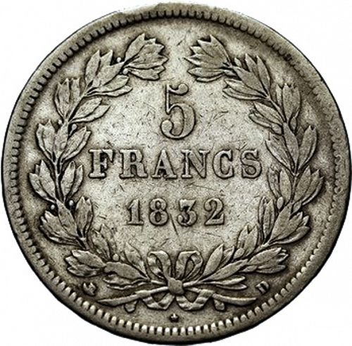 5 Francs Reverse Image minted in FRANCE in 1832D (1830-1848 - Louis Philippe I)  - The Coin Database