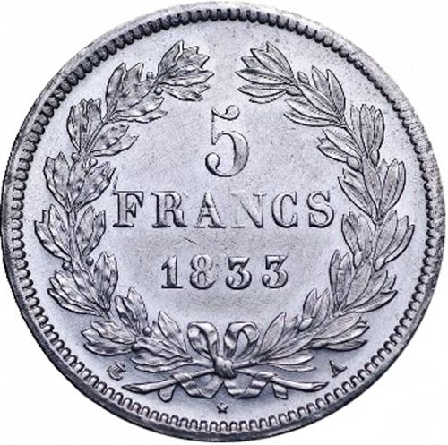 5 Francs Reverse Image minted in FRANCE in 1833A (1830-1848 - Louis Philippe I)  - The Coin Database