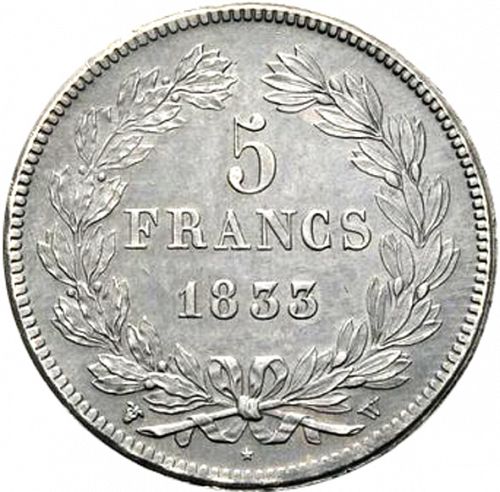 5 Francs Reverse Image minted in FRANCE in 1833W (1830-1848 - Louis Philippe I)  - The Coin Database