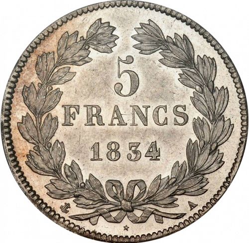 5 Francs Reverse Image minted in FRANCE in 1834A (1830-1848 - Louis Philippe I)  - The Coin Database