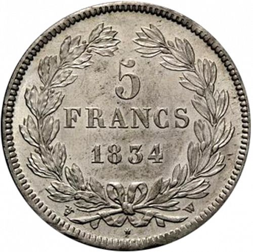 5 Francs Reverse Image minted in FRANCE in 1834W (1830-1848 - Louis Philippe I)  - The Coin Database