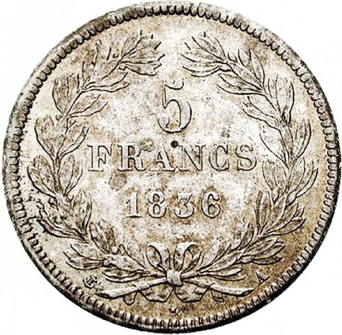 5 Francs Reverse Image minted in FRANCE in 1836A (1830-1848 - Louis Philippe I)  - The Coin Database