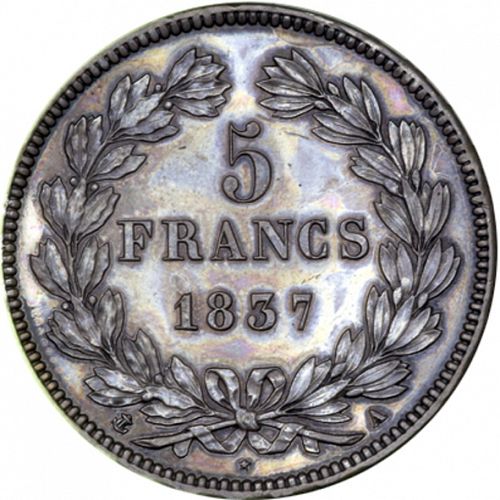 5 Francs Reverse Image minted in FRANCE in 1837A (1830-1848 - Louis Philippe I)  - The Coin Database