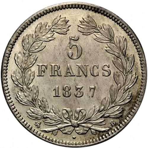 5 Francs Reverse Image minted in FRANCE in 1837B (1830-1848 - Louis Philippe I)  - The Coin Database