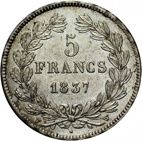 5 Francs Reverse Image minted in FRANCE in 1837W (1830-1848 - Louis Philippe I)  - The Coin Database