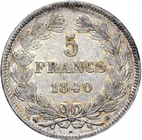 5 Francs Reverse Image minted in FRANCE in 1840B (1830-1848 - Louis Philippe I)  - The Coin Database