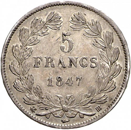 5 Francs Reverse Image minted in FRANCE in 1847BB (1830-1848 - Louis Philippe I)  - The Coin Database