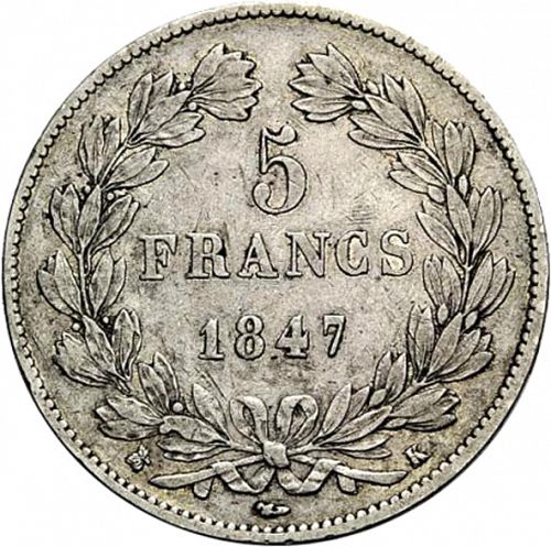 5 Francs Reverse Image minted in FRANCE in 1847K (1830-1848 - Louis Philippe I)  - The Coin Database