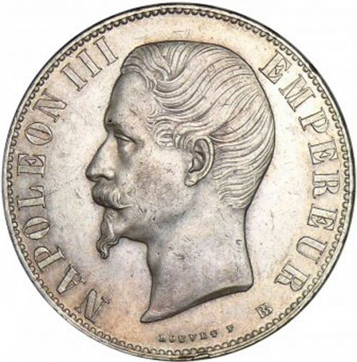 5 Francs Obverse Image minted in FRANCE in 1856BB (1852-1870 - Napoléon III)  - The Coin Database