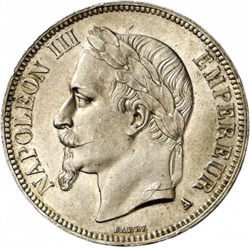 5 Francs Obverse Image minted in FRANCE in 1868A (1852-1870 - Napoléon III)  - The Coin Database