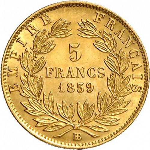 5 Francs Reverse Image minted in FRANCE in 1859BB (1852-1870 - Napoléon III)  - The Coin Database