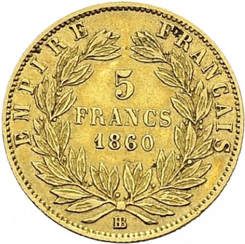 5 Francs Reverse Image minted in FRANCE in 1860BB (1852-1870 - Napoléon III)  - The Coin Database