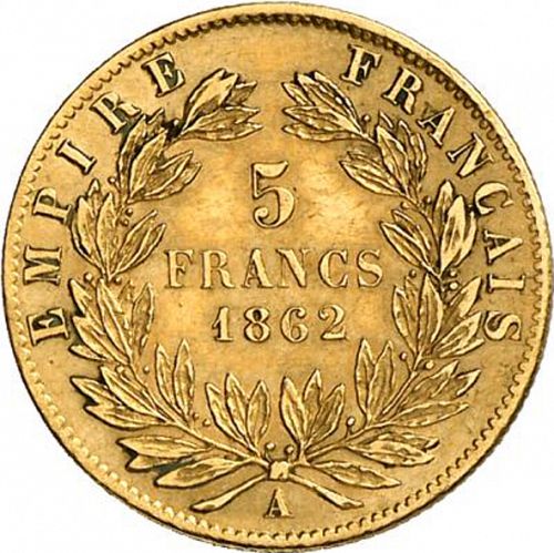 5 Francs Reverse Image minted in FRANCE in 1862A (1852-1870 - Napoléon III)  - The Coin Database