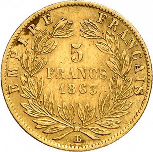 5 Francs Reverse Image minted in FRANCE in 1863BB (1852-1870 - Napoléon III)  - The Coin Database