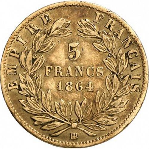 5 Francs Reverse Image minted in FRANCE in 1864BB (1852-1870 - Napoléon III)  - The Coin Database