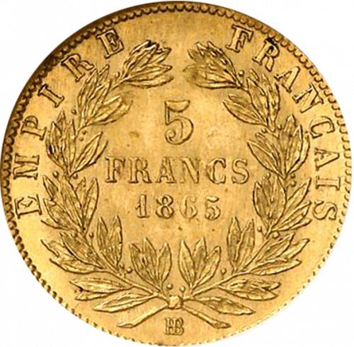5 Francs Reverse Image minted in FRANCE in 1865BB (1852-1870 - Napoléon III)  - The Coin Database