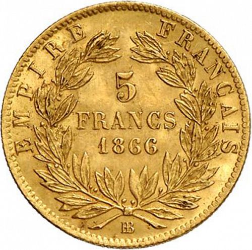 5 Francs Reverse Image minted in FRANCE in 1866BB (1852-1870 - Napoléon III)  - The Coin Database