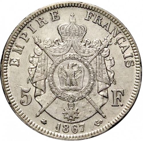 5 Francs Reverse Image minted in FRANCE in 1867A (1852-1870 - Napoléon III)  - The Coin Database
