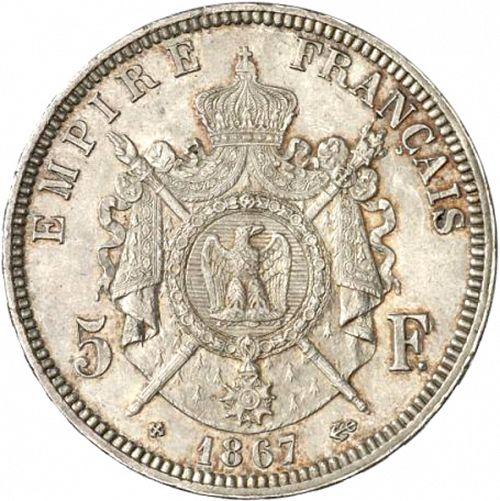 5 Francs Reverse Image minted in FRANCE in 1867BB (1852-1870 - Napoléon III)  - The Coin Database