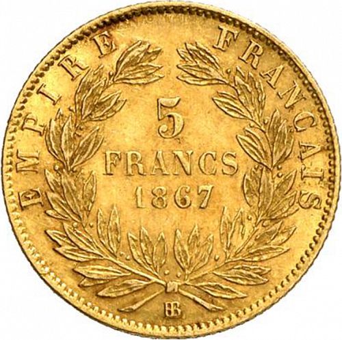 5 Francs Reverse Image minted in FRANCE in 1867BB (1852-1870 - Napoléon III)  - The Coin Database