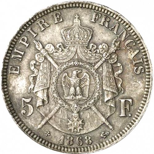 5 Francs Reverse Image minted in FRANCE in 1868BB (1852-1870 - Napoléon III)  - The Coin Database