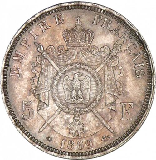 5 Francs Reverse Image minted in FRANCE in 1869A (1852-1870 - Napoléon III)  - The Coin Database