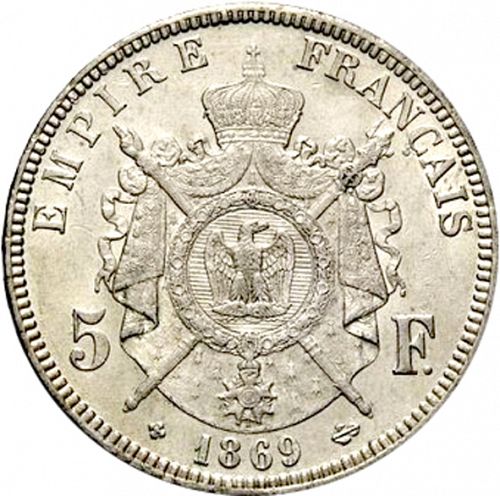 5 Francs Reverse Image minted in FRANCE in 1869BB (1852-1870 - Napoléon III)  - The Coin Database