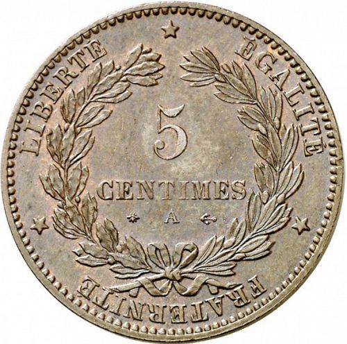 5 Centimes Reverse Image minted in FRANCE in 1874A (1871-1940 - Third Republic)  - The Coin Database