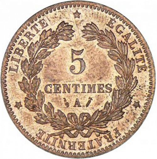 5 Centimes Reverse Image minted in FRANCE in 1884A (1871-1940 - Third Republic)  - The Coin Database