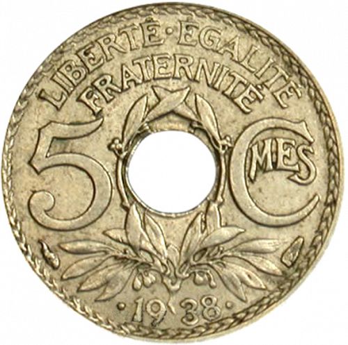 5 Centimes Reverse Image minted in FRANCE in 1938 (1871-1940 - Third Republic)  - The Coin Database