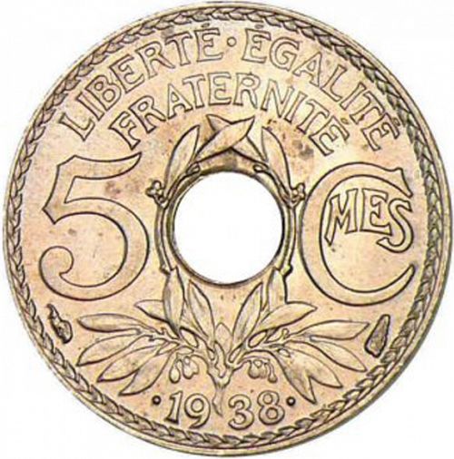 5 Centimes Reverse Image minted in FRANCE in 1938 (1871-1940 - Third Republic)  - The Coin Database