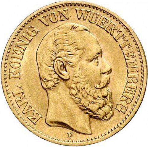 10 Mark Obverse Image minted in GERMANY in 1877F (1871-18 - Empire WURTTEMBERG)  - The Coin Database