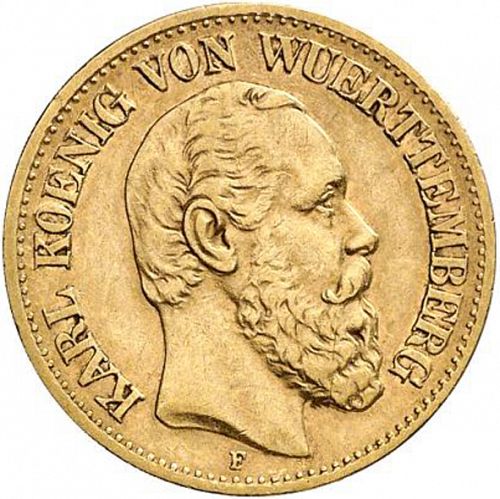 10 Mark Obverse Image minted in GERMANY in 1888F (1871-18 - Empire WURTTEMBERG)  - The Coin Database