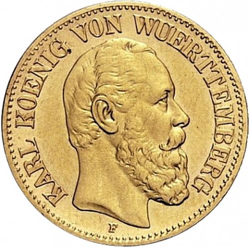 10 Mark Obverse Image minted in GERMANY in 1890F (1871-18 - Empire WURTTEMBERG)  - The Coin Database
