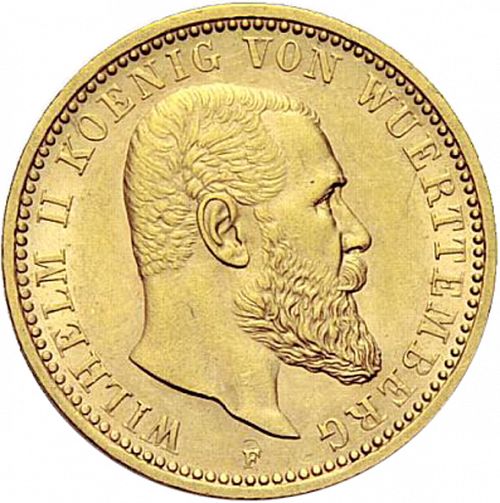 10 Mark Obverse Image minted in GERMANY in 1909F (1871-18 - Empire WURTTEMBERG)  - The Coin Database
