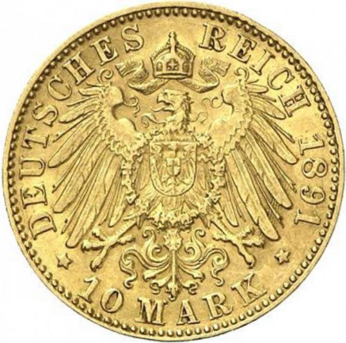 10 Mark Reverse Image minted in GERMANY in 1891G (1871-18 - Empire BADEN)  - The Coin Database
