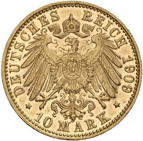 10 Mark Reverse Image minted in GERMANY in 1909G (1871-18 - Empire BADEN)  - The Coin Database