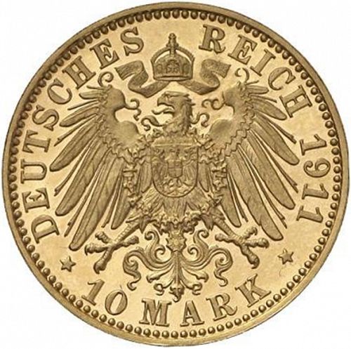 10 Mark Reverse Image minted in GERMANY in 1911J (1871-18 - Empire HAMBURG)  - The Coin Database