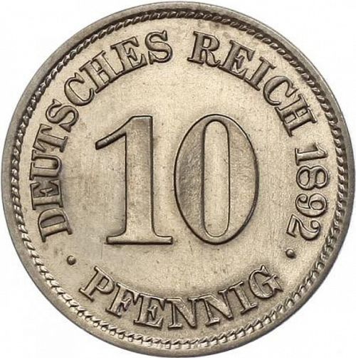 10 Pfenning Obverse Image minted in GERMANY in 1892E (1871-18 - Empire)  - The Coin Database