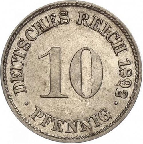 10 Pfenning Obverse Image minted in GERMANY in 1892G (1871-18 - Empire)  - The Coin Database