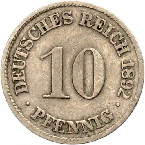 10 Pfenning Obverse Image minted in GERMANY in 1892J (1871-18 - Empire)  - The Coin Database