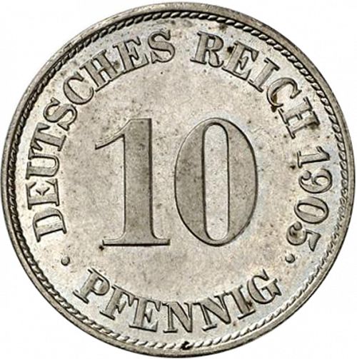 10 Pfenning Obverse Image minted in GERMANY in 1905J (1871-18 - Empire)  - The Coin Database