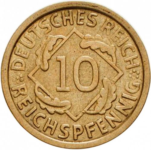 10 Pfenning Obverse Image minted in GERMANY in 1931G (1924-38 - Weimar Republic - Reichsmark)  - The Coin Database