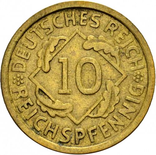 10 Pfenning Obverse Image minted in GERMANY in 1932G (1924-38 - Weimar Republic - Reichsmark)  - The Coin Database