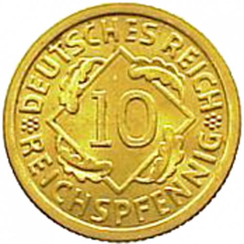 10 Pfenning Obverse Image minted in GERMANY in 1936F (1924-38 - Weimar Republic - Reichsmark)  - The Coin Database