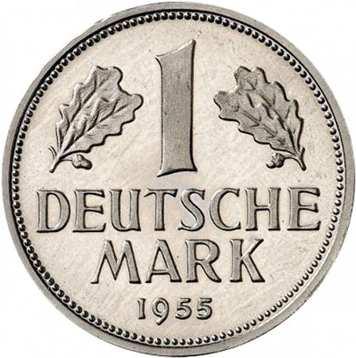 1 Mark Reverse Image minted in GERMANY in 1955J (1949-01 - Federal Republic)  - The Coin Database