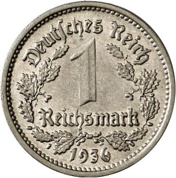 1 Reichsmark Reverse Image minted in GERMANY in 1936G (1933-45 - Thrid Reich)  - The Coin Database