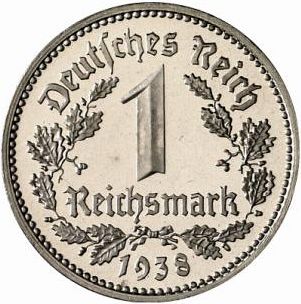 1 Reichsmark Reverse Image minted in GERMANY in 1938G (1933-45 - Thrid Reich)  - The Coin Database
