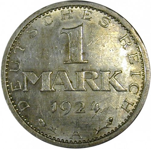1 Mark Obverse Image minted in GERMANY in 1924A (1924-38 - Weimar Republic - Reichsmark)  - The Coin Database